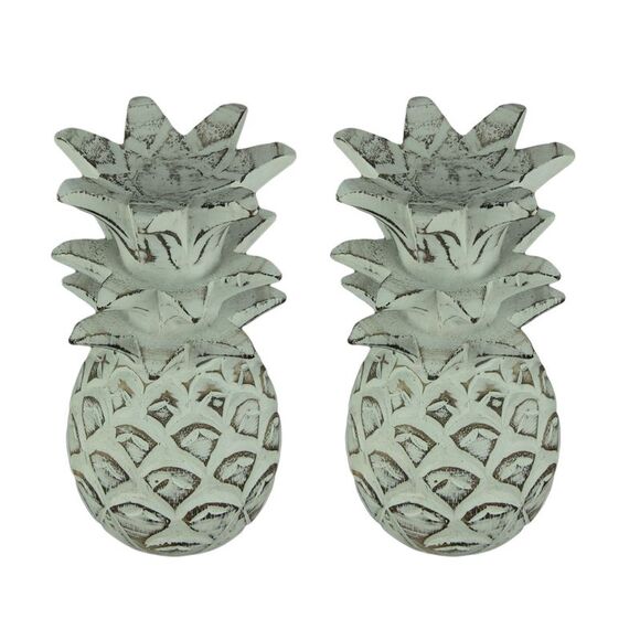 Weathered White Carved Wood Tropical Pineapple Decor...